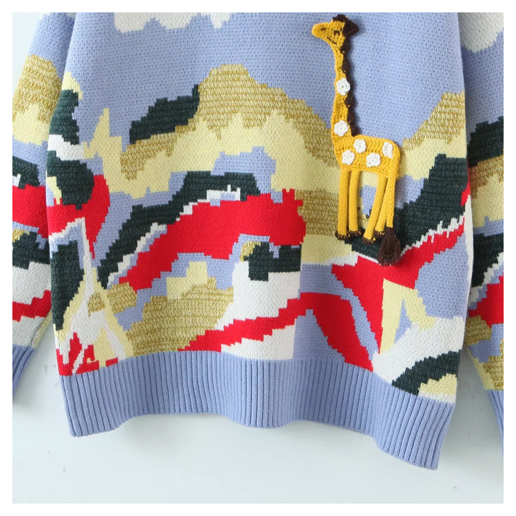 Hand Crocheted small animal jacquard round neck Pullover knitted sweater  7497