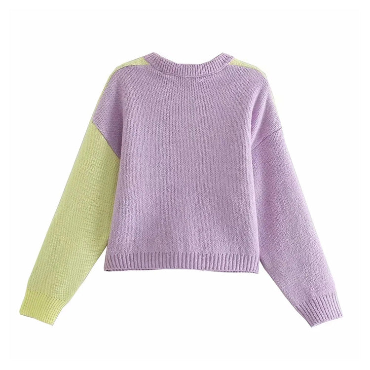Sweet color matching round neck long sleeve sweater  7174