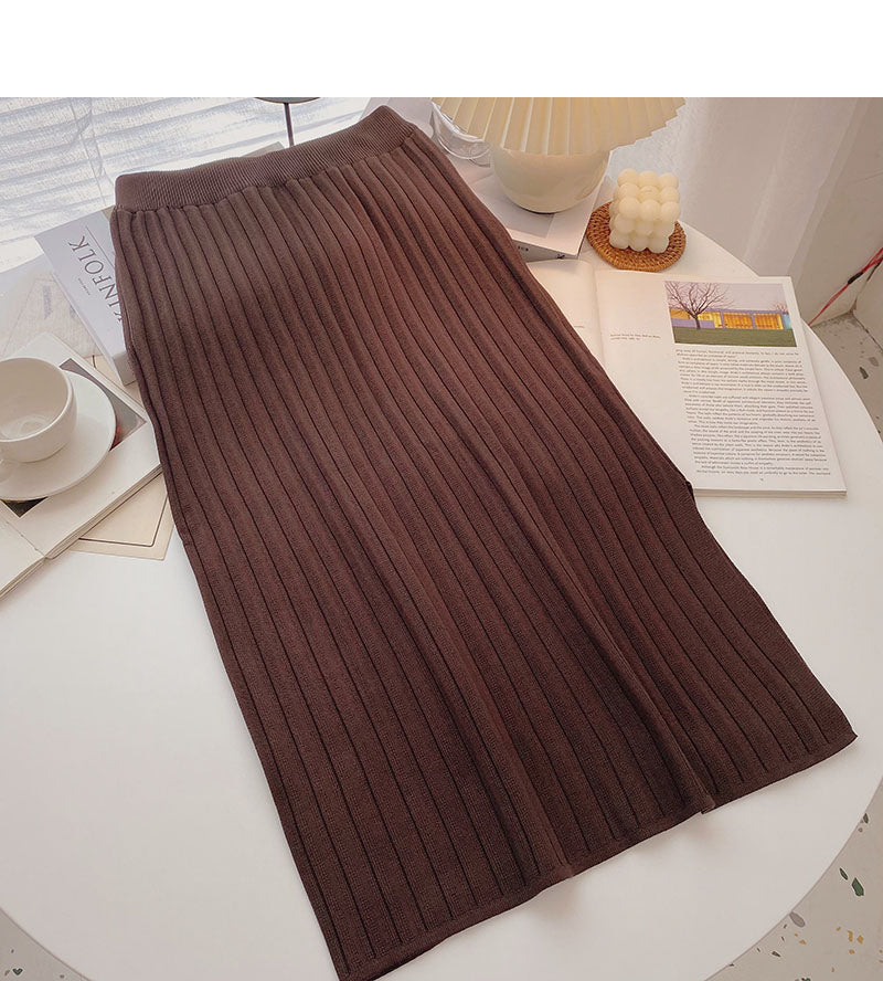Simple and versatile thread knitted high waist split A-line skirt  5752