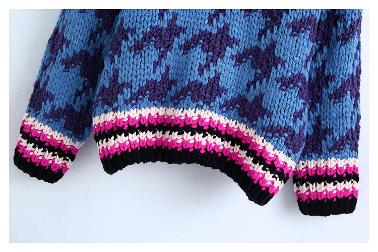 Thousand bird check contrast stripe jacquard sweater  7476