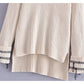 Crew neck curled sleeve stitched decorative sweater  7304