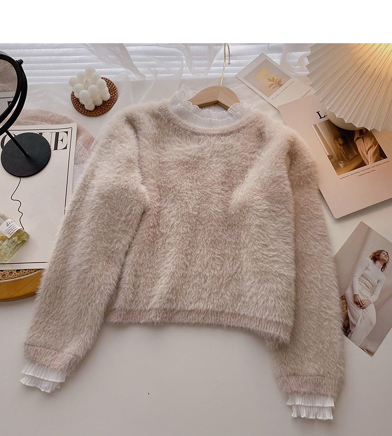Lace edge stand collar Pullover long sleeve mohair sweater  5973