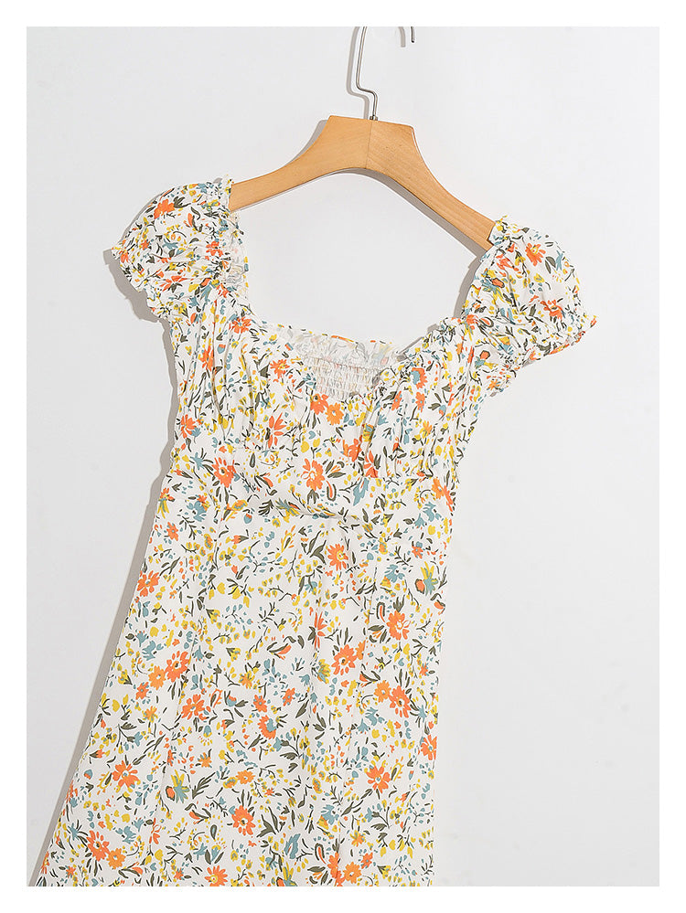 Wind garden small broken flower decoration low breast long dress  7030