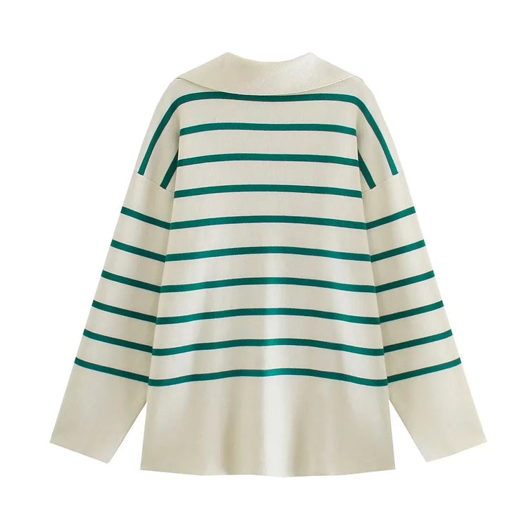 New loose Lapel stripe long sleeve sweater  7437