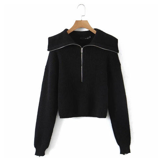 Versatile large lapel zip Pullover Sweater  7283