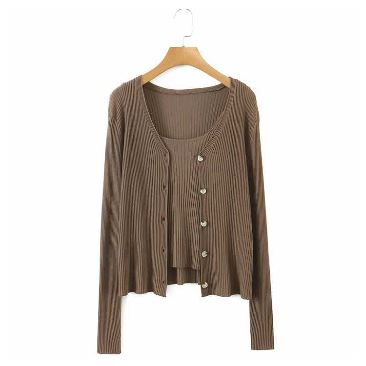 Knitted long sleeved cardigan + two-piece sweater with sling inside  7269