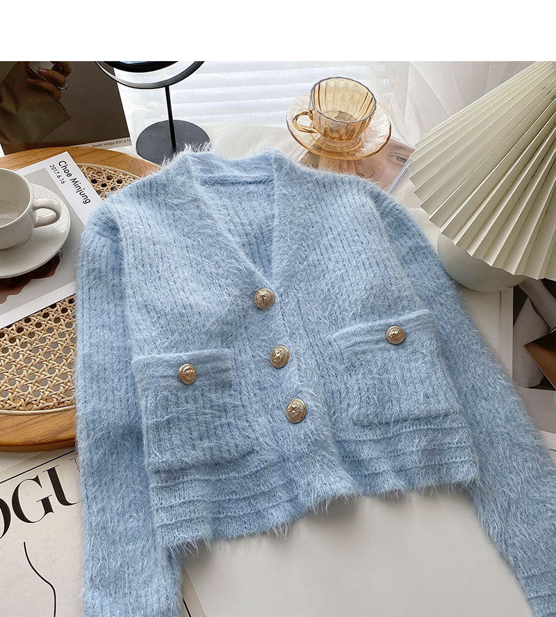 The new Korean version is gentle and thin. Short long sleeve V-neck top  6025