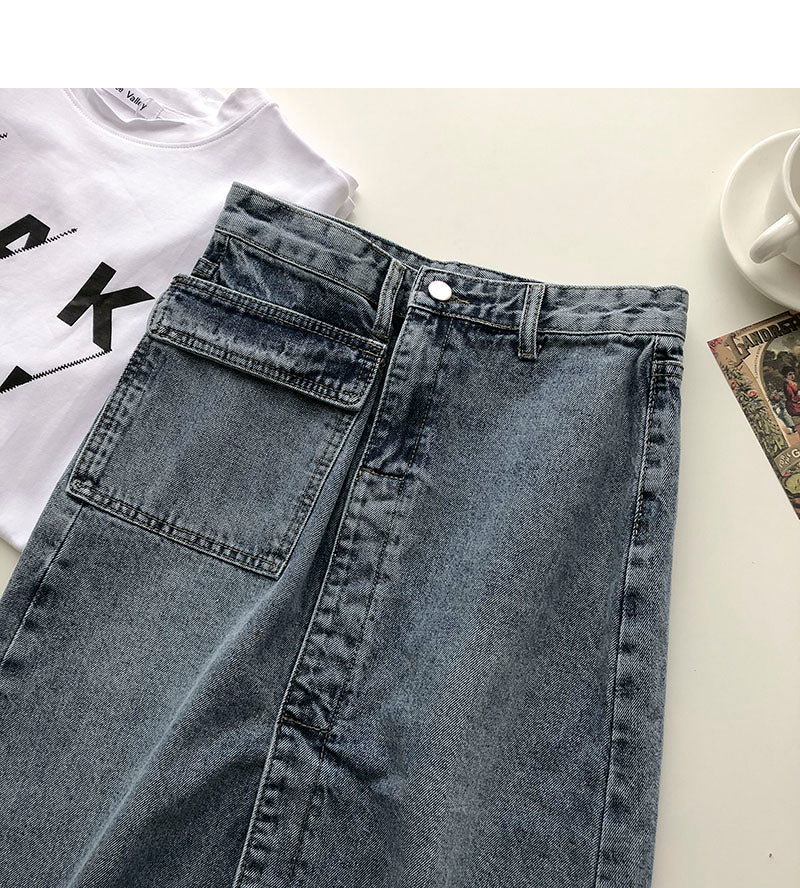 New women's Korean retro denim high waist A-line skirt  5691