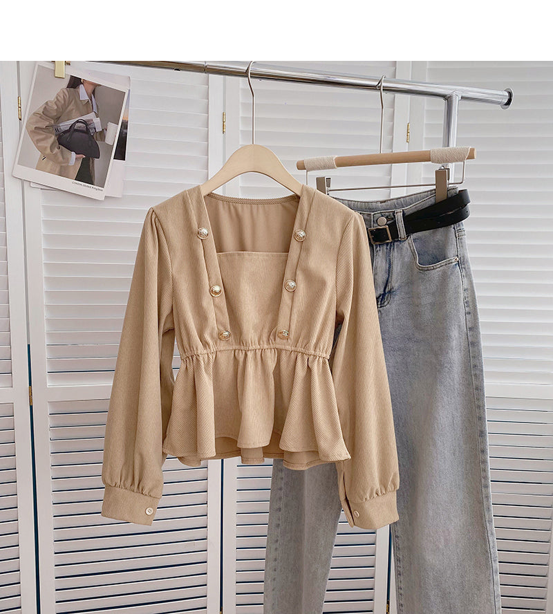 Niche design double breasted Square Neck Shirt  6360