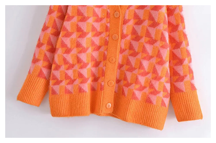 New geometric jacquard sweater jacket loose lazy cardigan  7414