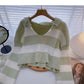 Casual Short striped sweater hooded Pullover Top  6461