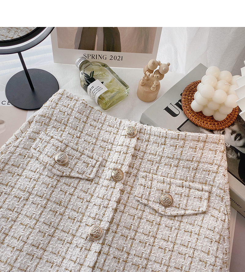 Korean version of thin gold coarse tweed small fragrant grid skirt  5627