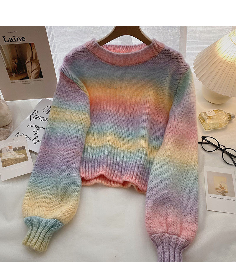 Korean ins sweet foreign style aging rainbow tie dyed loose top  5926
