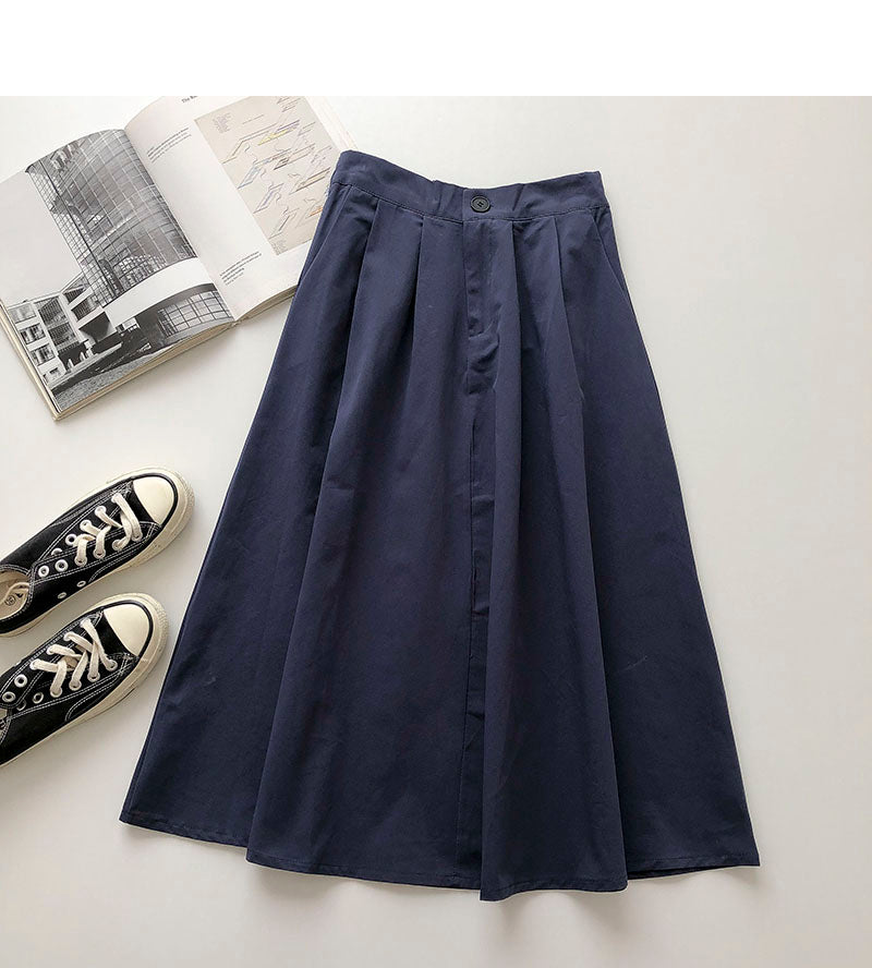Solid Hong Kong style leisure high waist A-shaped medium and long skirt  5693