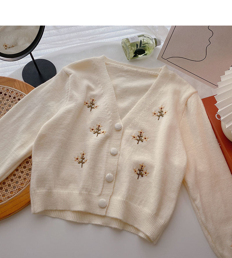 Floral embroidery V-neck short long sleeve jacket  5849