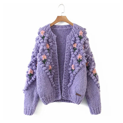 Cardigan à manches lanternes tissé à crochets à fleurs tridimensionnelles, manteau pull 7320