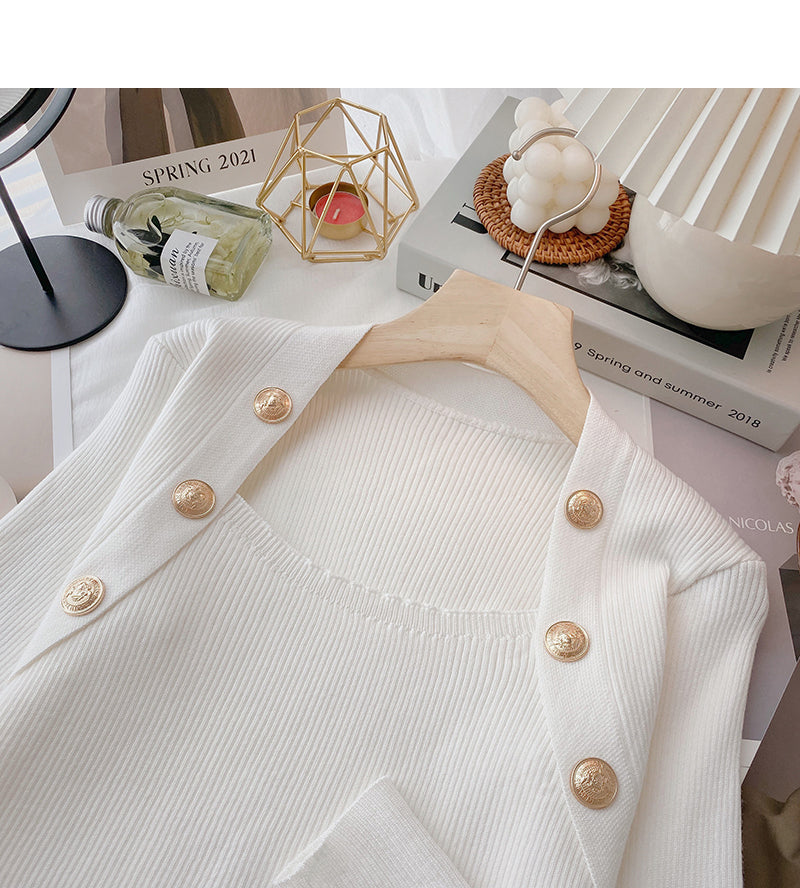 Niche design knitwear square neck double row button top fashion  6506