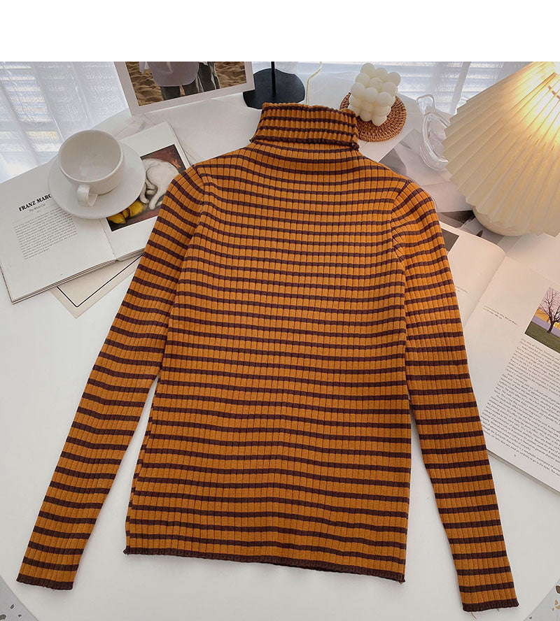 Beliebter Pullover 6652 mit Stehkragen, gestreiftem Boden und langen Ärmeln