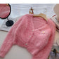 Pull en mohair avec petites fleurs et perles cloutées, cardigan 6093