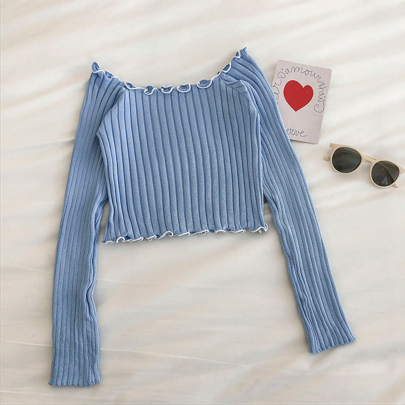 Small sexy leaky lock bone wood ear off shoulder sweater  6440