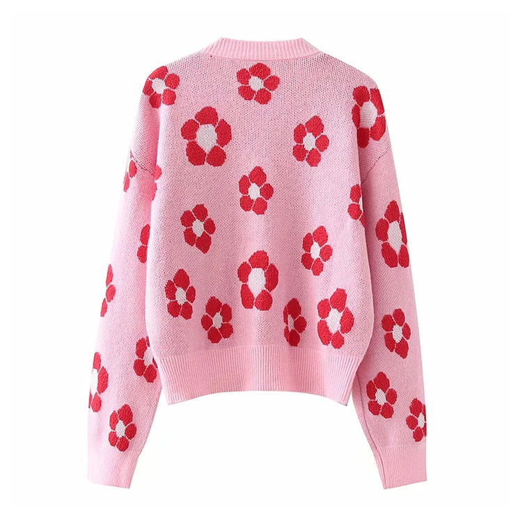 Neue japanische Jacquard-Strickjacke mit V-Ausschnitt und Blumenmuster 7295