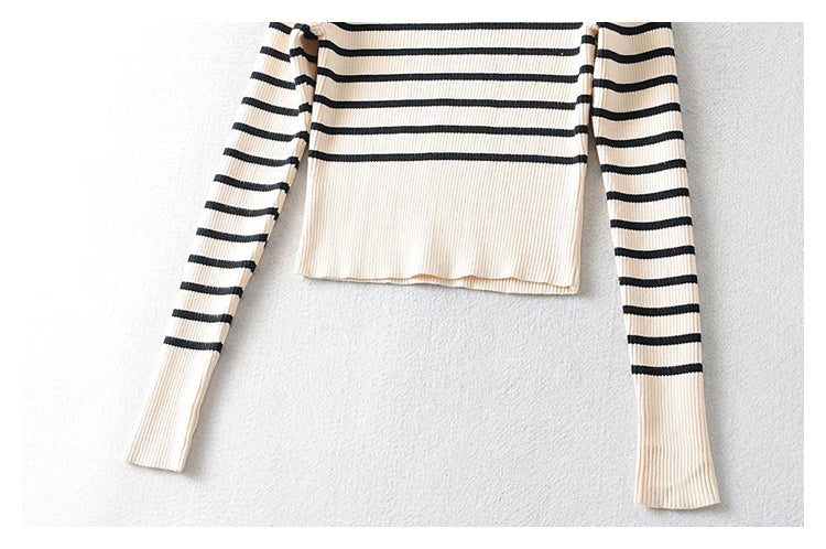 Pull rayé à manches longues et col en U pour femme 7340