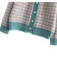 French xiaoxiangfeng knitted cardigan V-neck Plaid loose coat sweater top  7361