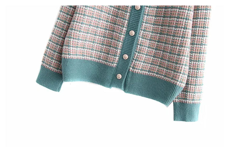 French xiaoxiangfeng knitted cardigan V-neck Plaid loose coat sweater top  7361
