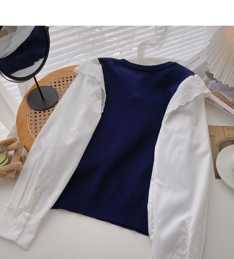 Vintage nail bead bow contrast stitching long sleeve lace top  6600