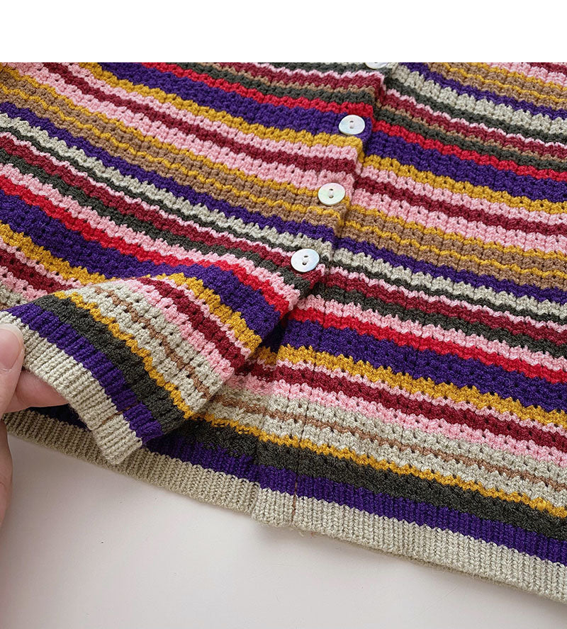 Bunt gestreifter Pullover süßes kurzes Top mit V-Ausschnitt und hoher Taille 6521