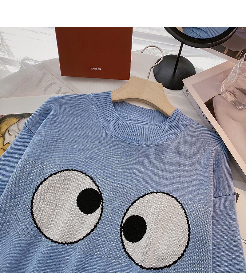 Langärmliger Pullover in alternder Kontrastfarbe mit großen Augen, Top 6564