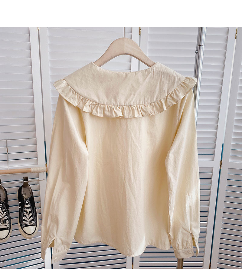 Chemise à manches longues avec cordon de serrage de couleur unie et col de poupée, cardigan 6347