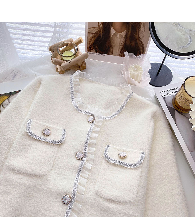 French Style Lace Edge round neck long sleeve top  6049