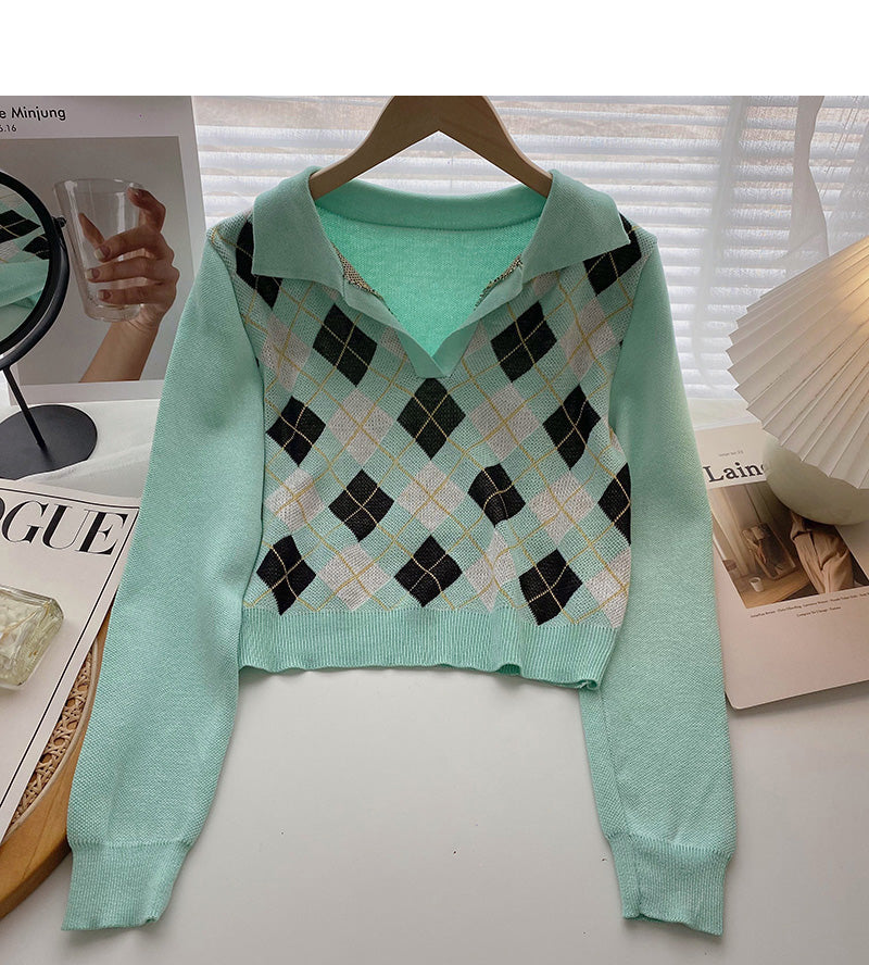 Plaid long sleeve sweater small short Pullover Top  6573
