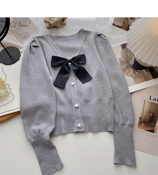 Pullover mit Vintage-Schleife und V-Ausschnitt, schmales Langarm-Top 6595