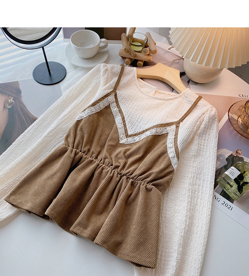Vintage shirt with thin waist stitching fake two tops  6387