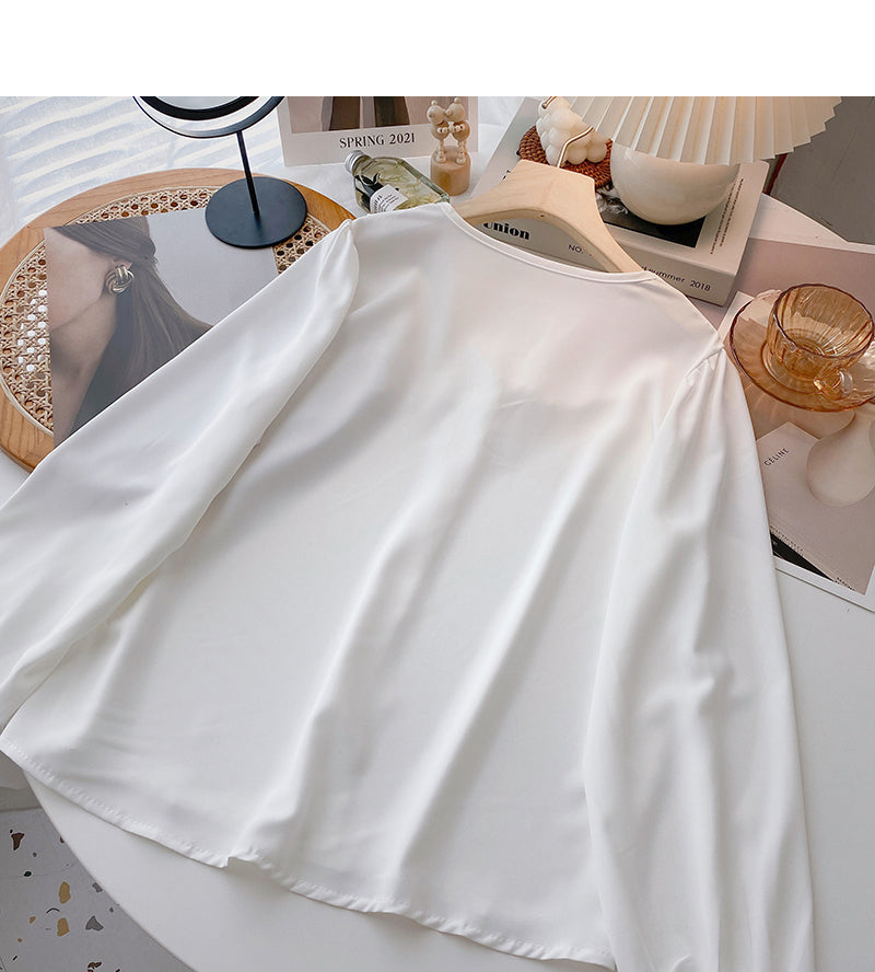 Lace doll neck design shirt soft sweet long sleeve top  6367