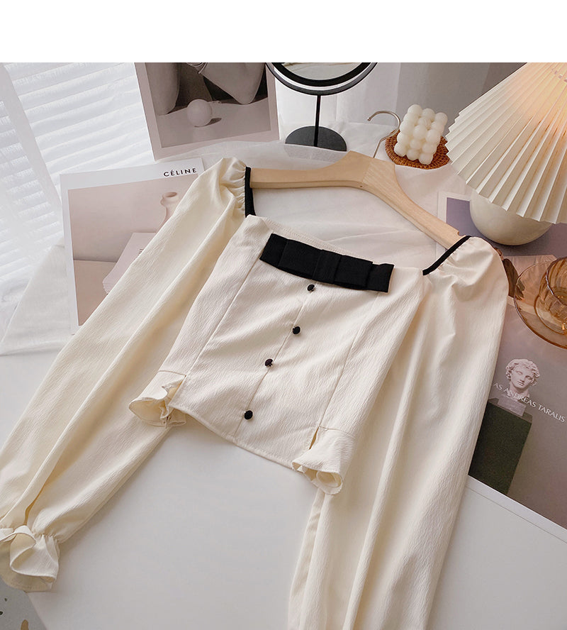 French leaky collarbone Square Neck Shirt  6415