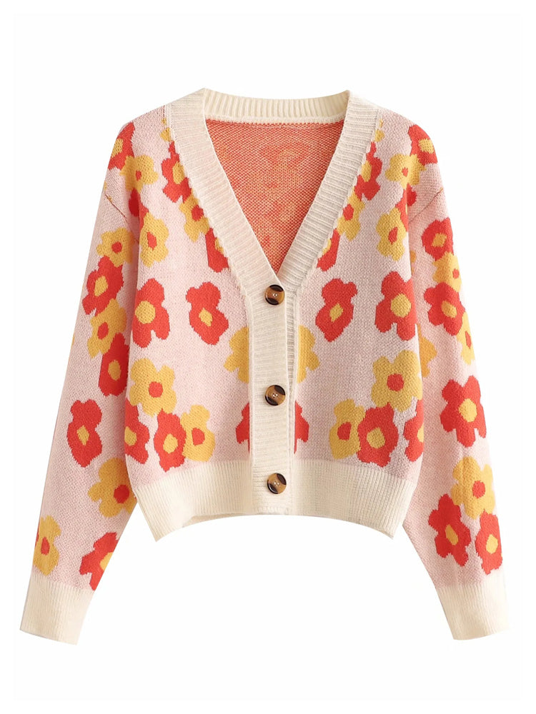 Haut cardigan ample en tricot fin à col en V avec boutons et fleurs en jacquard 7276