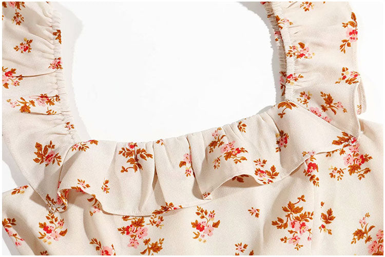French gentle first love elastic wrinkled girl broken flower knee dress  7092