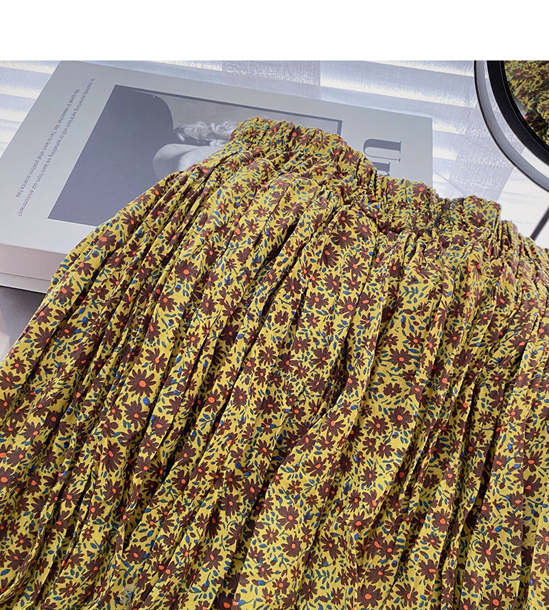 Hong Kong style retro floral high waist elastic A-shaped large swing skirt  5738