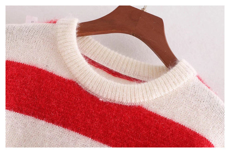 Striped crew neck Pullover long sleeve sweater loose sweater top  7458