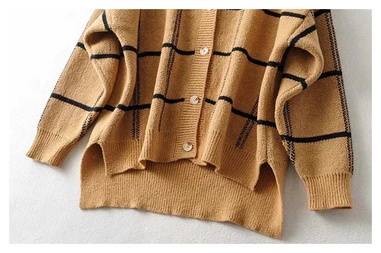 New lazy V-neck contrast Plaid knit cardigan coat  7305