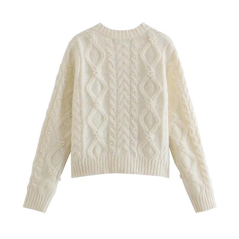 New French style pearl trim slim knit cardigan  7513