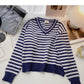 Streifenfarbe Kontrast V-Ausschnitt Pullover Langarm Temperament Pullover 6000