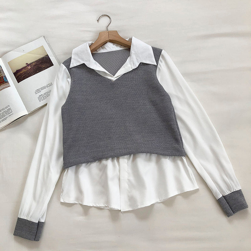Women's sense of foreign style fake two-piece shirt design  6240
