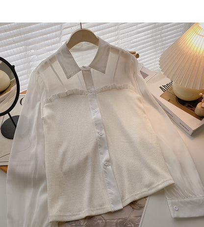 Fungus edge contrast long sleeve splicing shirt  6388
