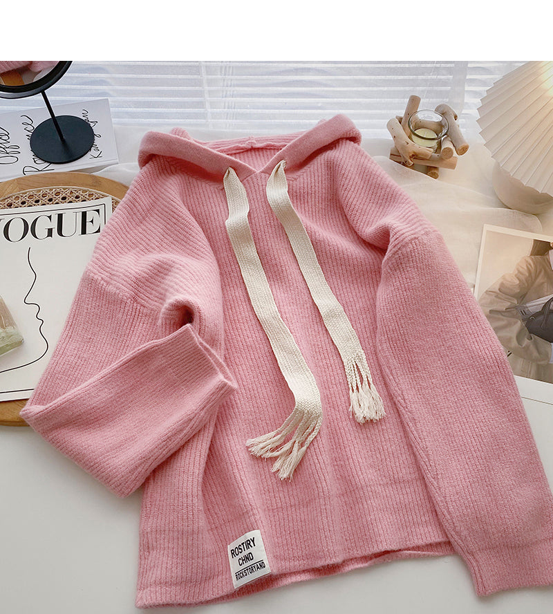 Design sweater tassel drawstring hood loose long sleeve  6083