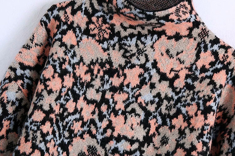 Vintage stand collar long sleeve flower jacquard sweater  7504