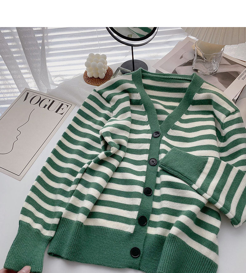 Cardigan tricoté à manches longues vintage à rayures et col en V, haut décontracté 6634